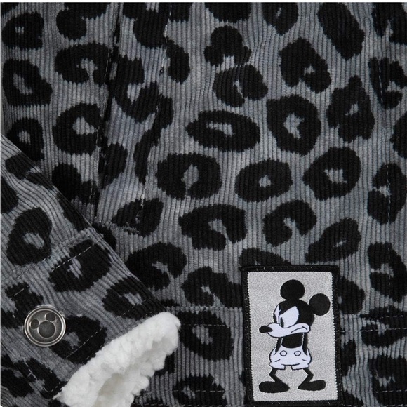 DISNEY Mickey Mouse leopard print grey black Sherpa shacket jacket crop coat S - Picture 7 of 17